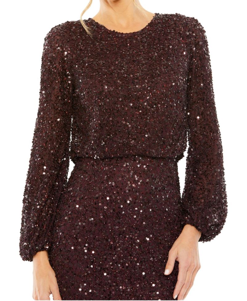 Women's High Neck Long Sleeve Beaded Blouson Gown
