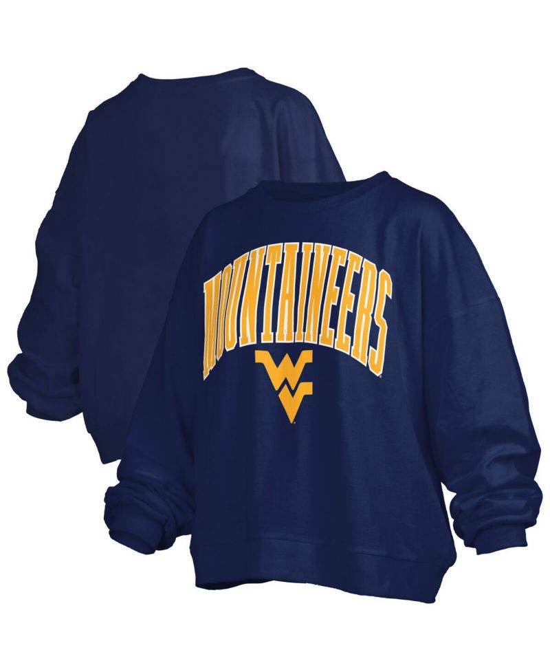 Women's Navy West Virginia Mountaineers Janise Arch Over Logo Waist Length Oversized Pullover Sweatshirt