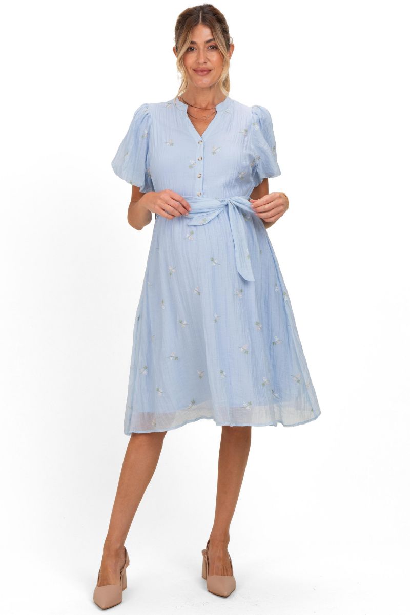 Women's Blue Floral Embroidered Tie Waist Dress