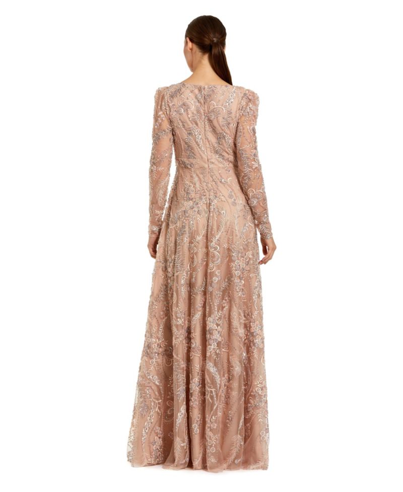 Women's Floral Embroidered V Neck Long Sleeve Gown