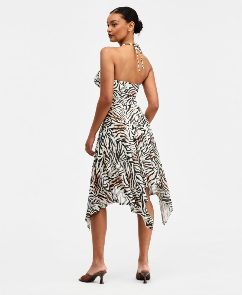 Women's Zebra Printed Asymmetric Mesh Midi Dress