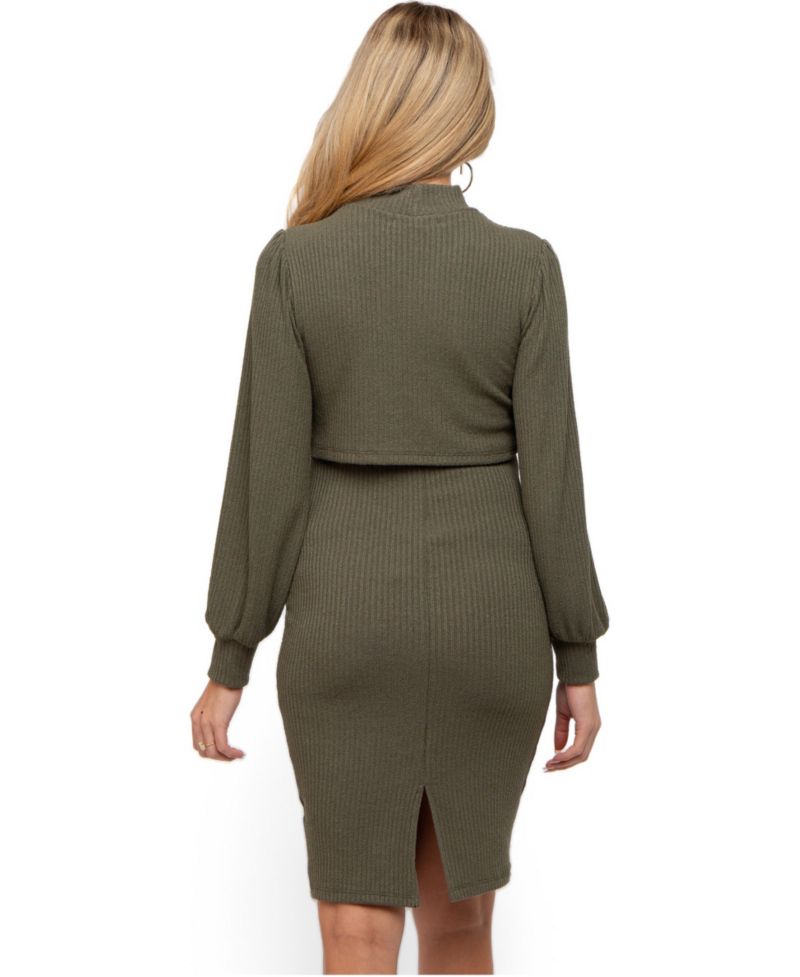 Women's Olive Rib Knit Mock Neck Nursing Dress