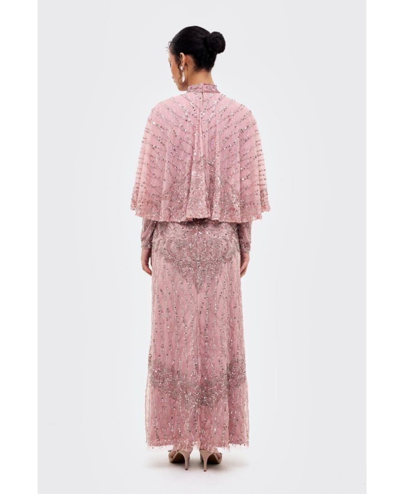 Women's Modest Cape Embellished Sequins Gown