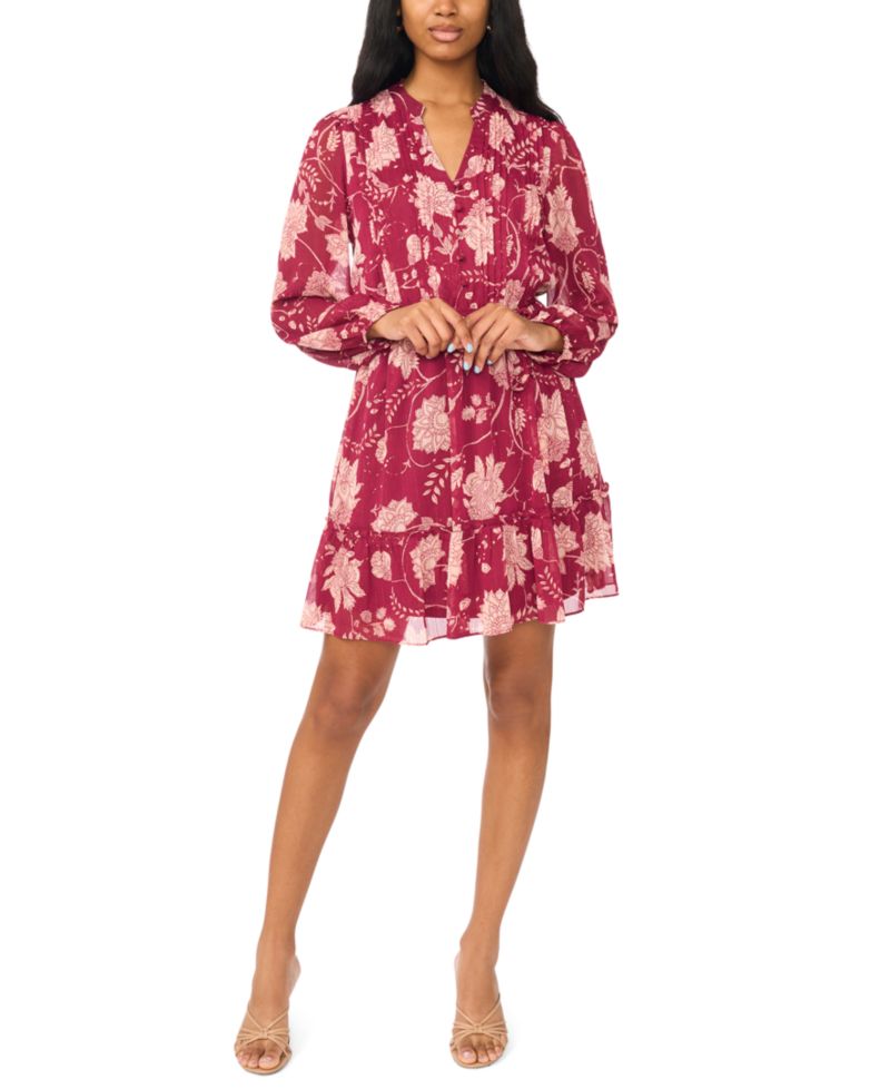 Petite Long-Sleeve Floral-Print Belted Chiffon Shirt Dress