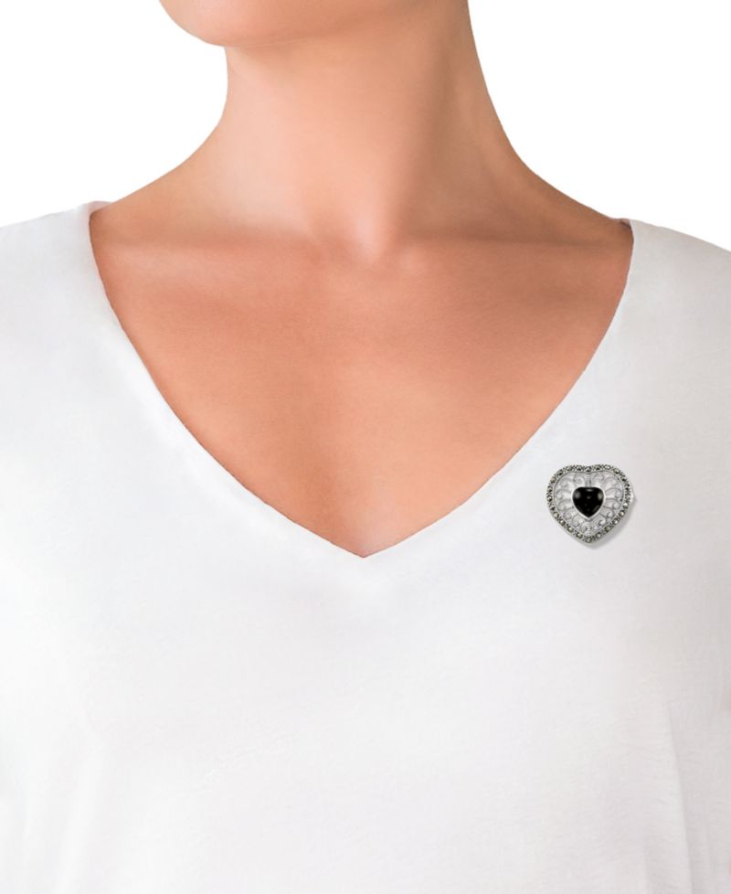 Marcasite (0.38 ct. t.w.) and Black Onyx (3 ct. t.w.) Heart Brooch in Sterling Silver