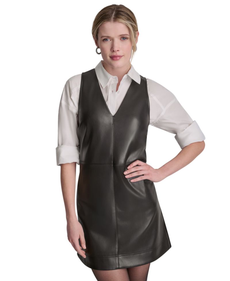 Women's Faux Leather Sleeveless V-Neck Mini Dress
