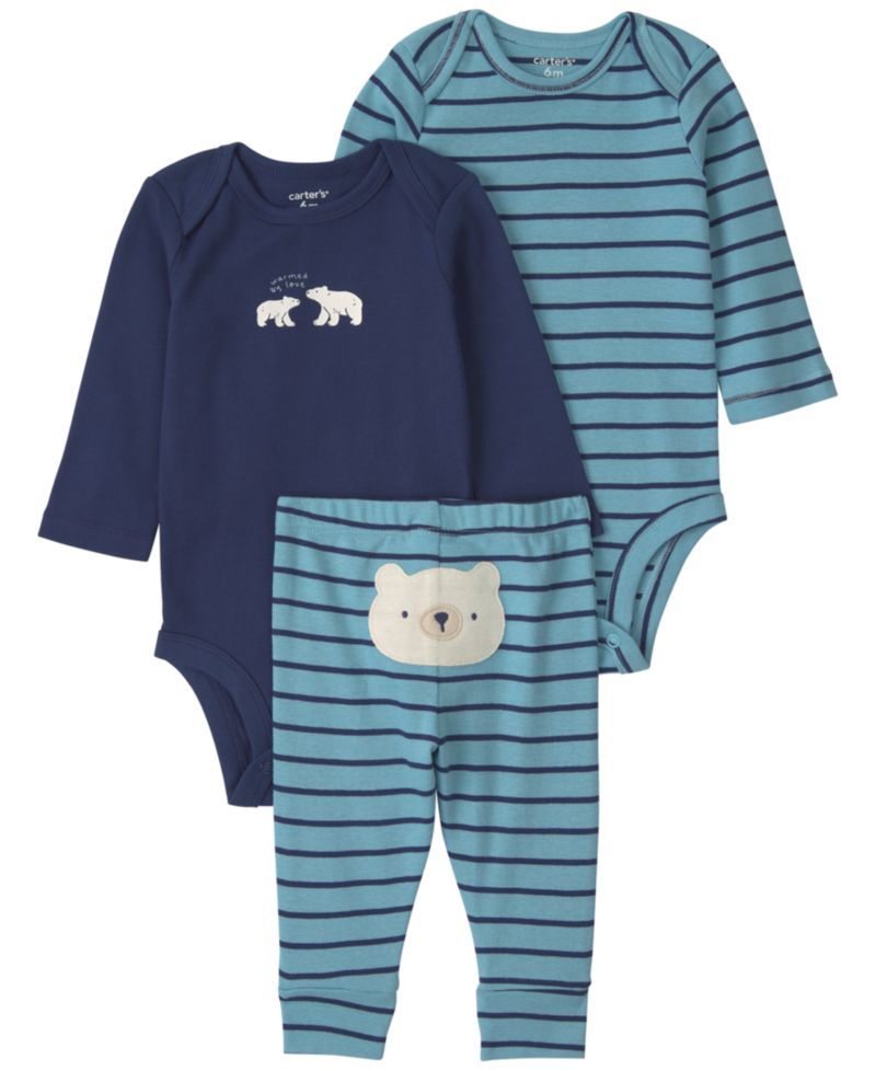 Baby Boys' Polar Bear Striped Long-Sleeve Bodysuits and Pants, 3-Piece Set