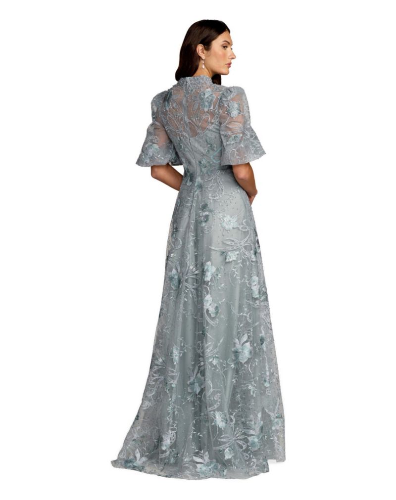 Women's Embroidered Queen Anne Puff Sleeve A Line Gown