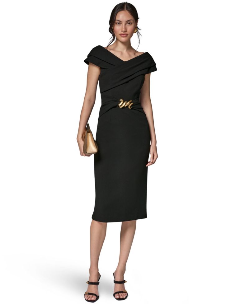 Women's Portrait Neck Sheath Midi Dress With Hardware