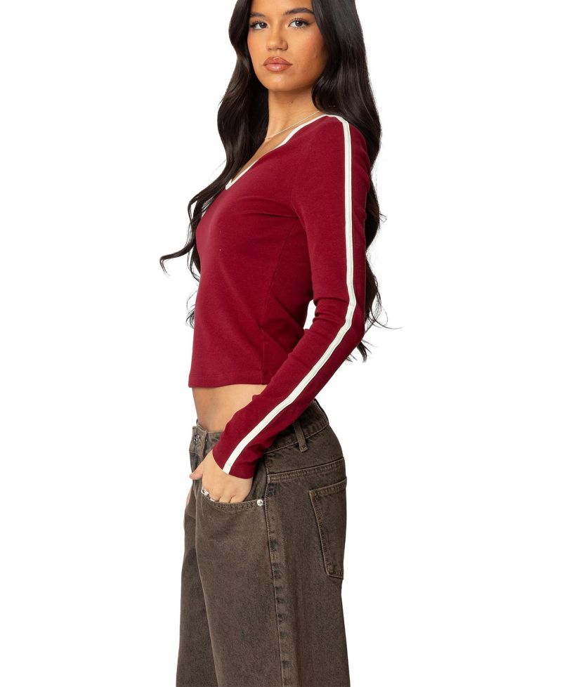 Women's Contrast V Neck Long Sleeve T Shirt