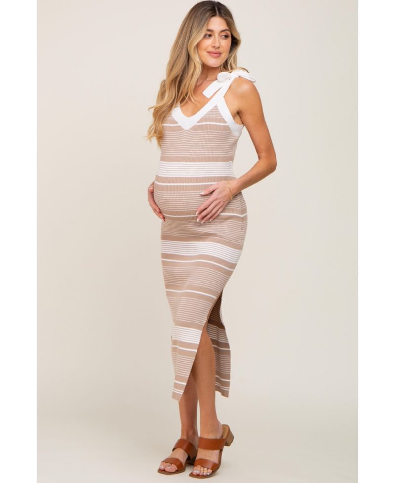 Women's Taupe Striped Ribbed Sleeveless Knit Dress