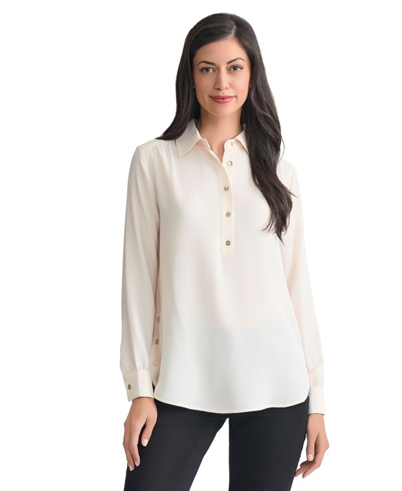 Long Sleeve Shirttail Side Button Popover Tunic
