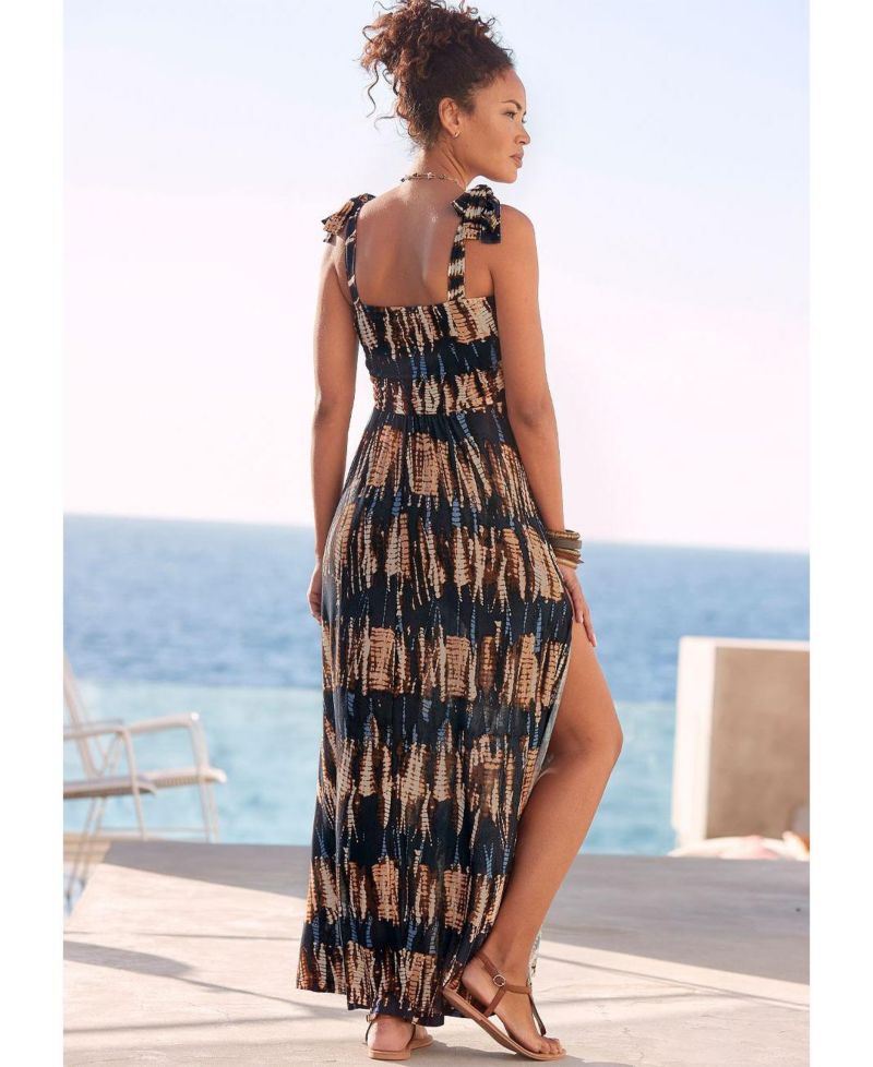 Women's Viscose Tropical Print Tie Strap Slit Halter-Neck Maxi Dress