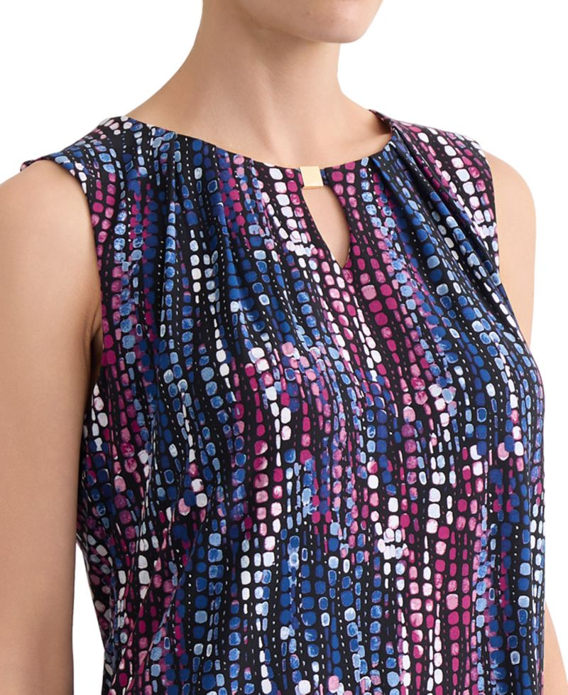 Petite Printed Pleat-Neck Sleeveless Top