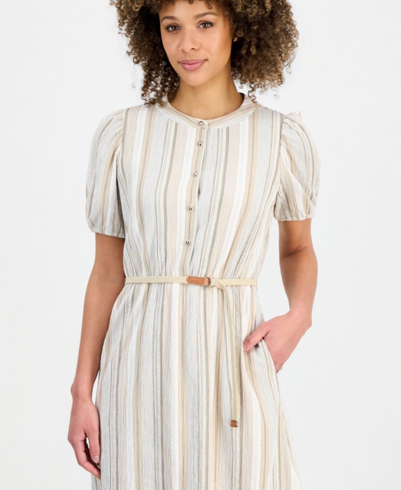 Petite Striped Puff-Sleeve Midi Shirtdress
