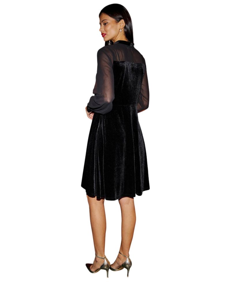 Women's Velvet Sheer Sleeves Skater Dress