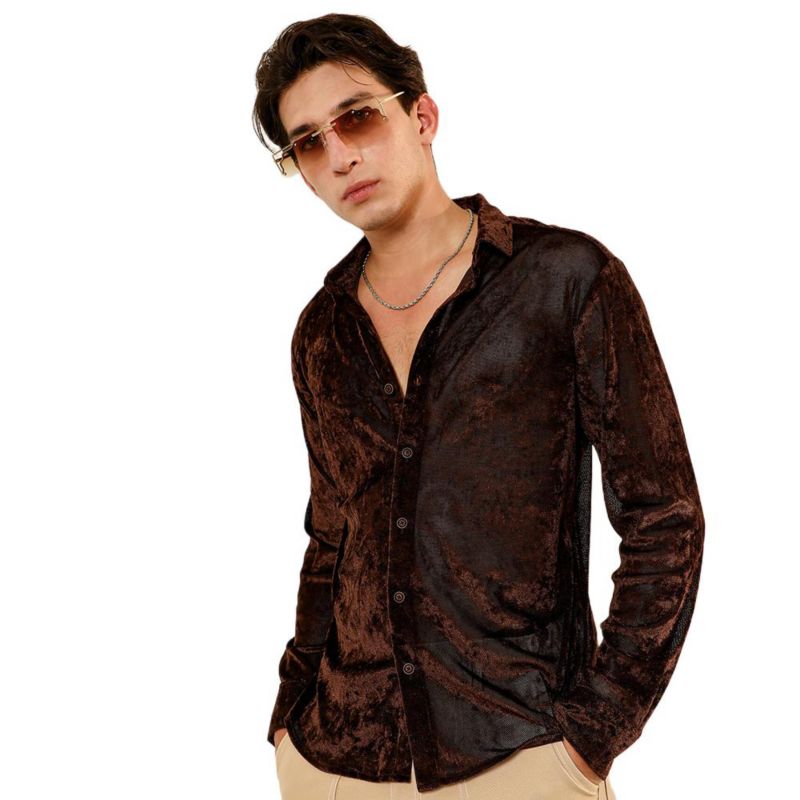Men's Chocolate Brown Solid Velvet Shirt