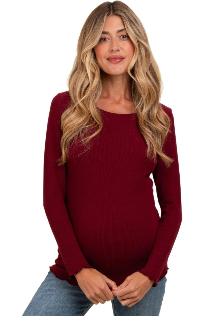 Women's Charcoal Ribbed Knit Long Sleeve Lettuce Hem Top