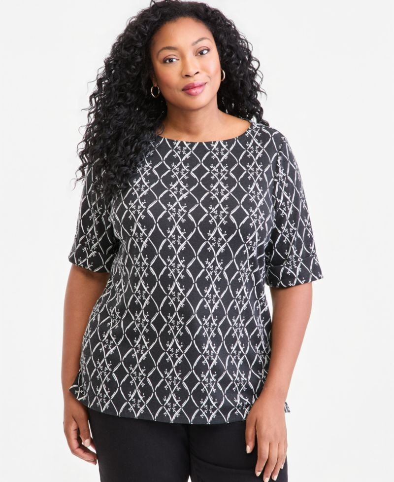 Plus Size Printed Boat-Neck Elbow Sleeve Top