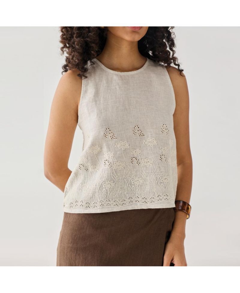 Women's Checkered Linen Embroidered Button-Back Top