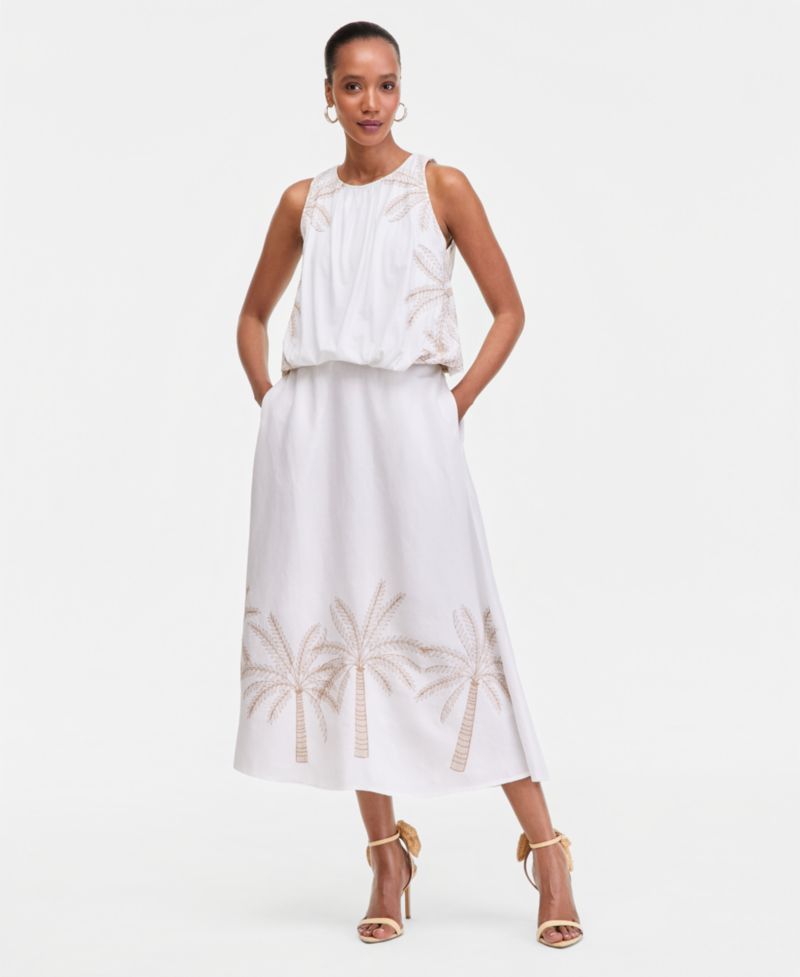 Women's Linen-Blend Embroidered Midi Skirt