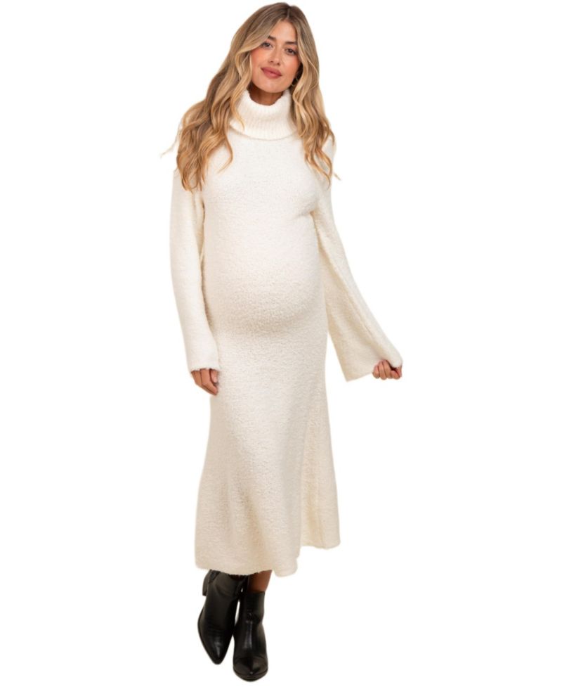 Women's Ivory Turtleneck Bell Sleeve Sweater Dress
