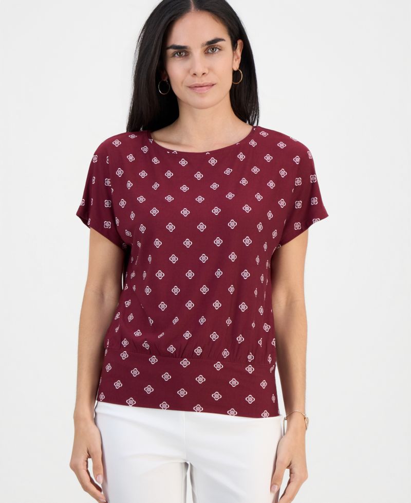 Petite Sofia Tile Banded-Hem Boat-Neck Top