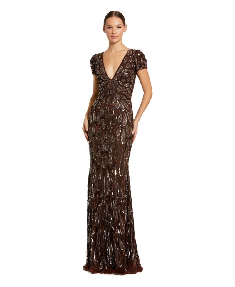 Petite Beaded Embellished V Neck Cap Sleeve Column Gown