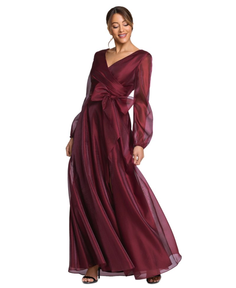 Women's V-Neck Long Sleeve Metallic Organza Gown