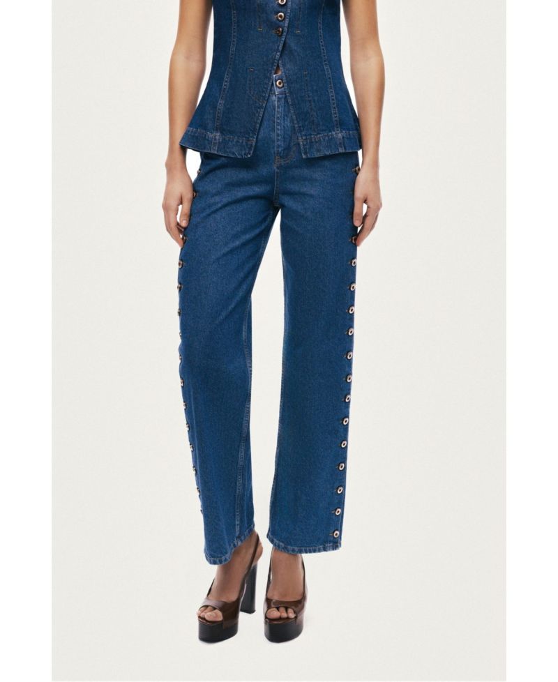 Women's Eyelet Detail Wide-Leg Denim Pants