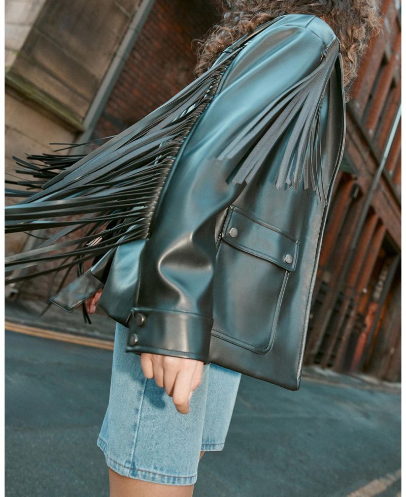 Women's Fringe Faux Leather Belted Jacket