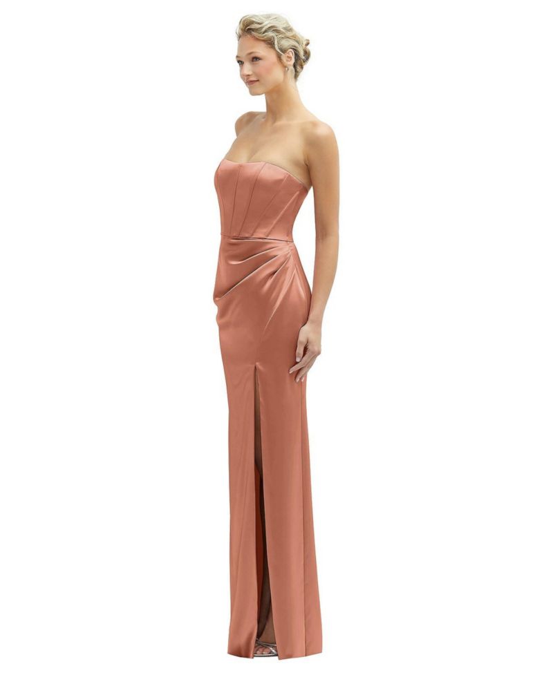 Women's Strapless Topstitched Corset Satin Maxi Dress with Draped Column Skirt