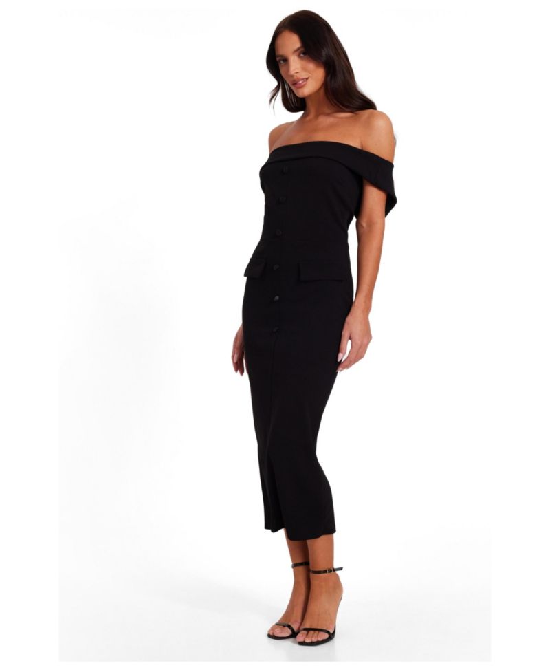 Women's Satin Bardot Button Front Midaxi Dress