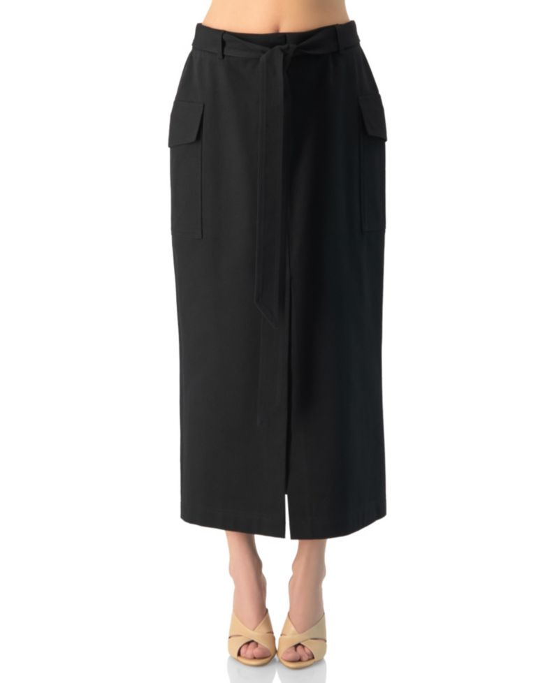 Women's High-Waisted Belted Side-Slit Midi Skirt