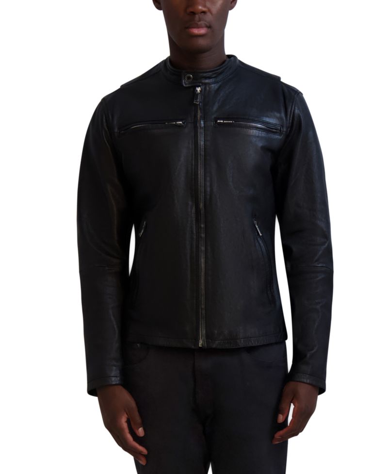 Paris Men's Band-Collar Distressed Leather Jacket