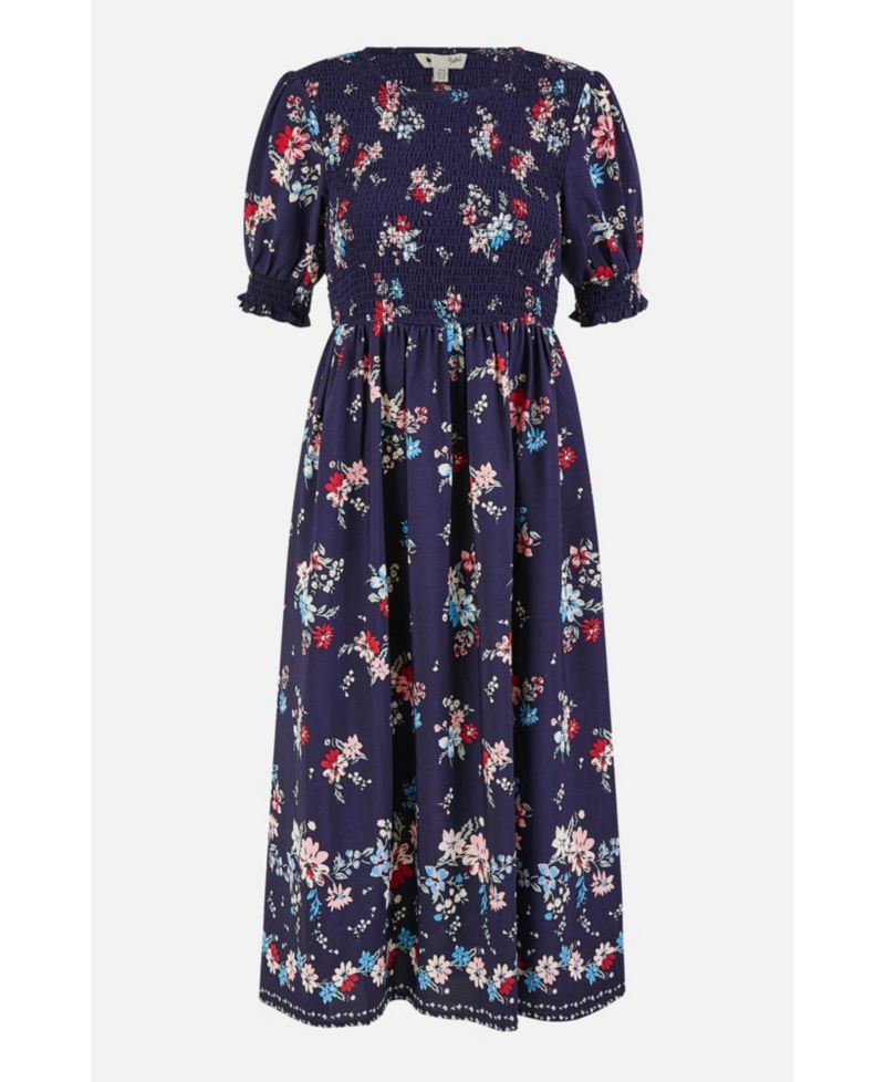 Women's Smocked Bodice Floral Ruched Midi Dress