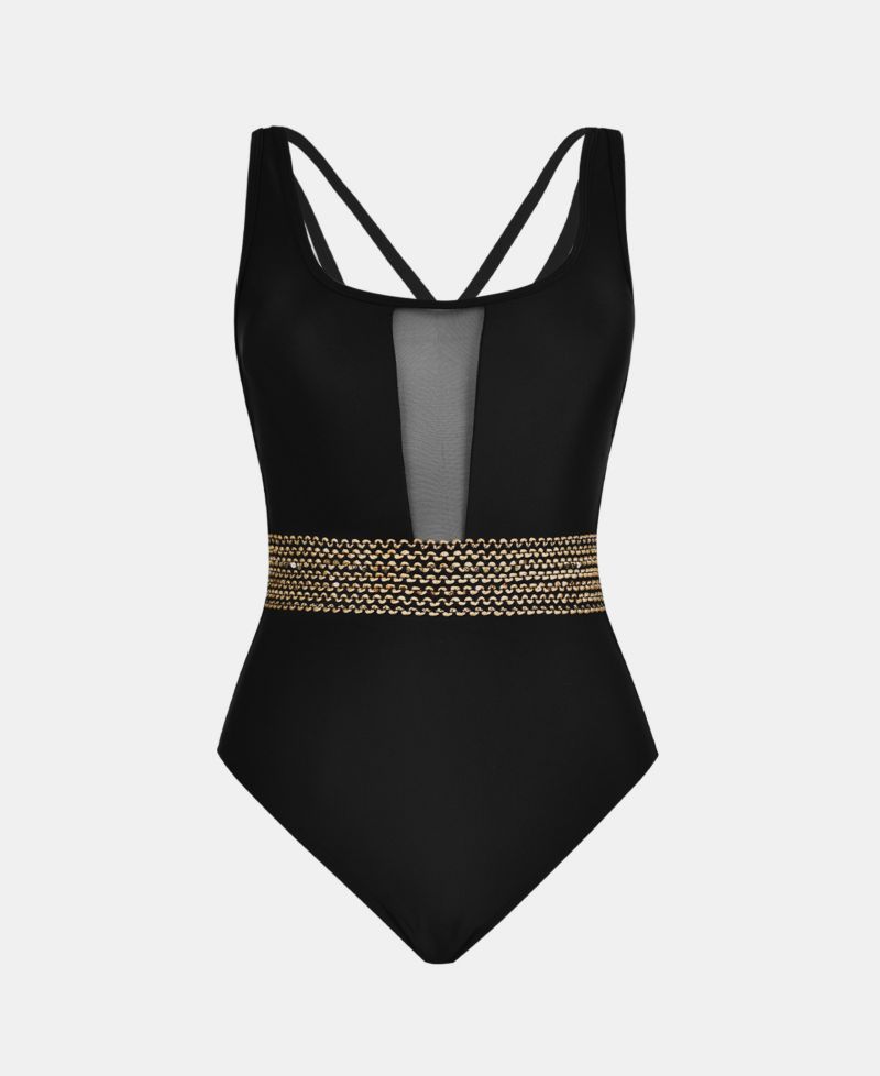 Women's Mesh Tummy Control Back Crisscross One Piece Swimsuit