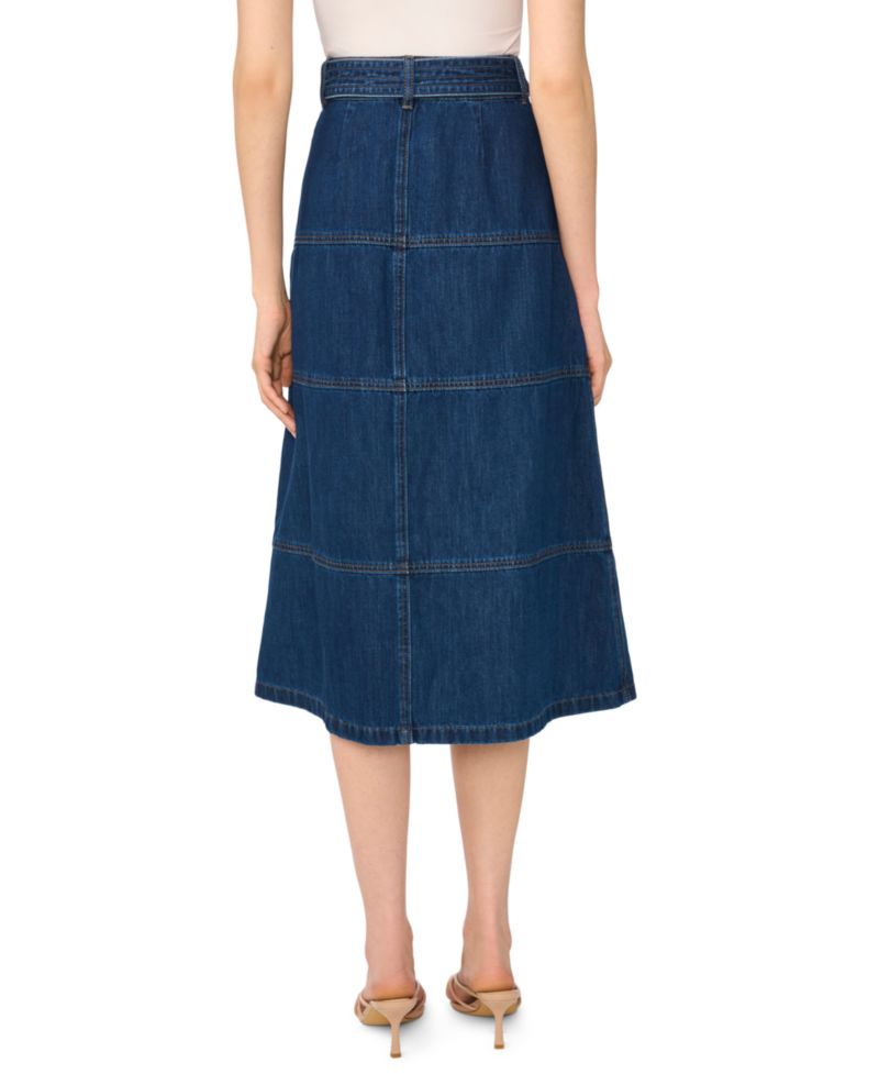 Women's Tie-Waist High-Waisted A-Line Midi Denim Skirt