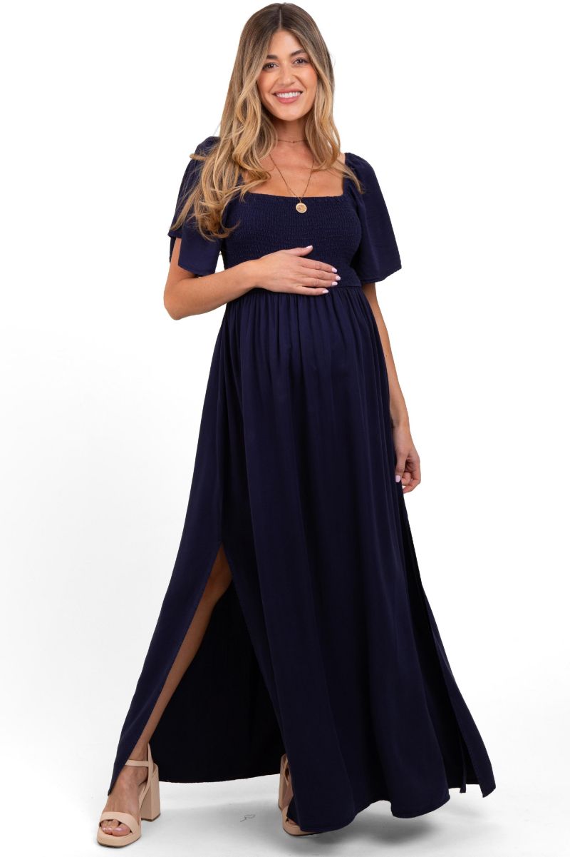 Women's Navy Chambray Smocked Maxi Dress