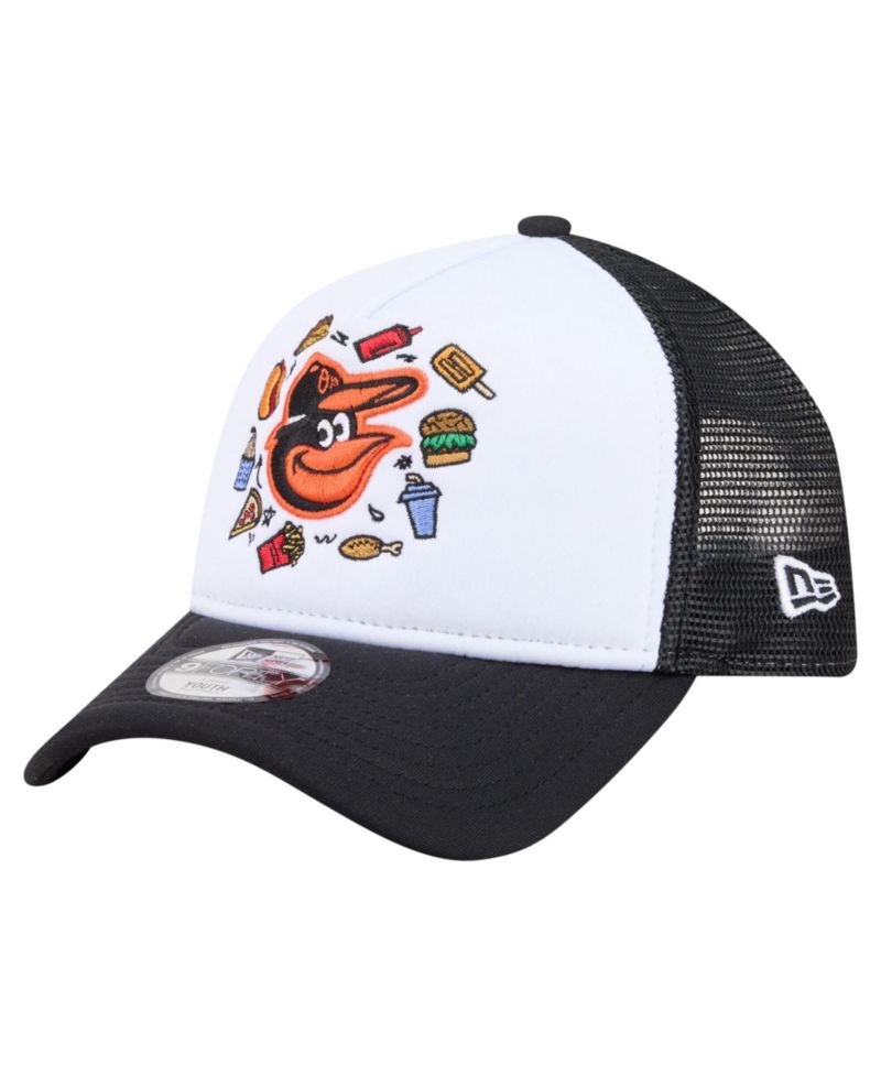 Big Boys and Girls White/Black Baltimore Orioles Food A-Frame 9FORTY Trucker Adjustable Hat