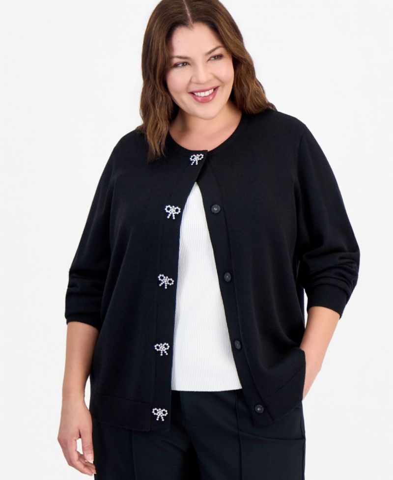 Plus Size Embellished Crewneck Long-Sleeve Cardigan