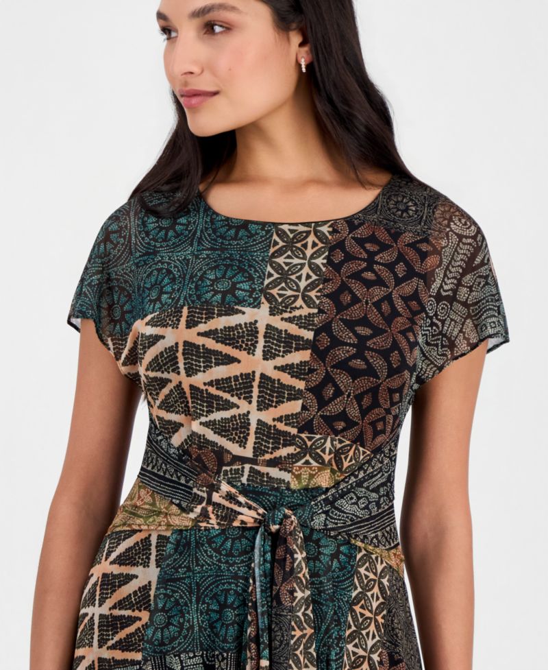 Women's Printed Tie-Front Midi Dress