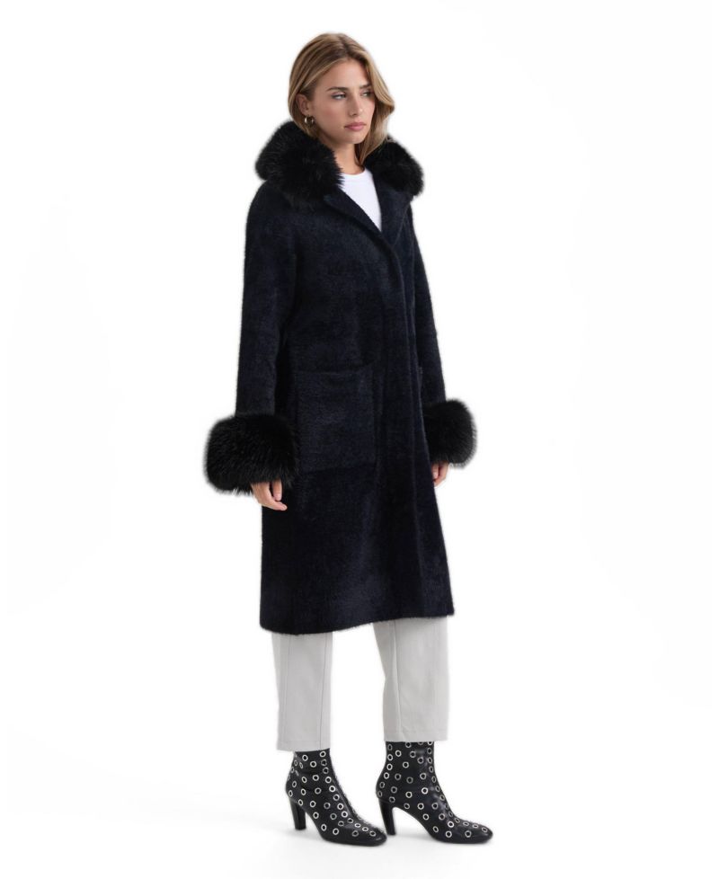 Women's Longline Coatigan with Removable Faux Fur Collar and Cuffs