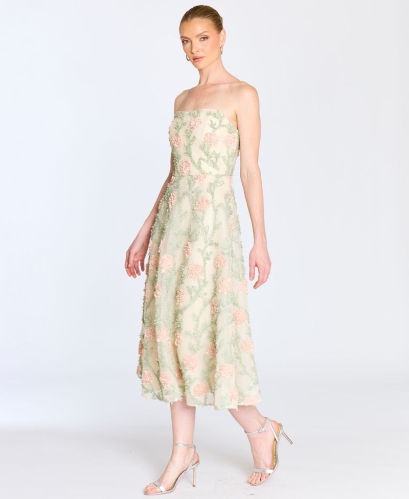Women's Midi Strapless 3D Floral Embroidery Dress
