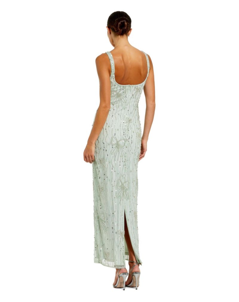 Women's Beaded Mesh Scoop Neck Fitted Gown With Bows