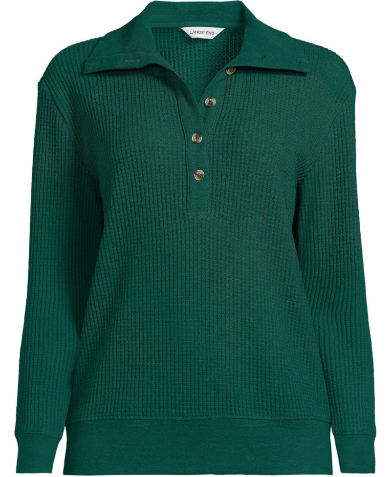 Women's Waffle-Knit Button-Up Long-Sleeve Henley Top