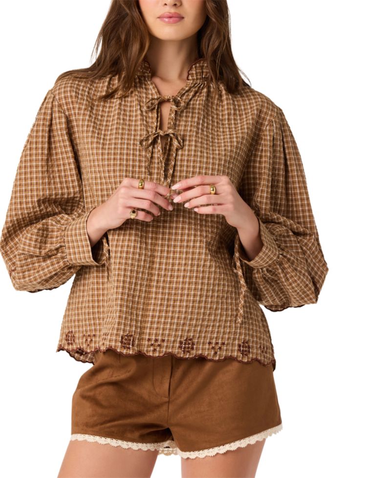 Women's Taliyah Plaid Long Balloon-Sleeve Ruffled Collar Blouse