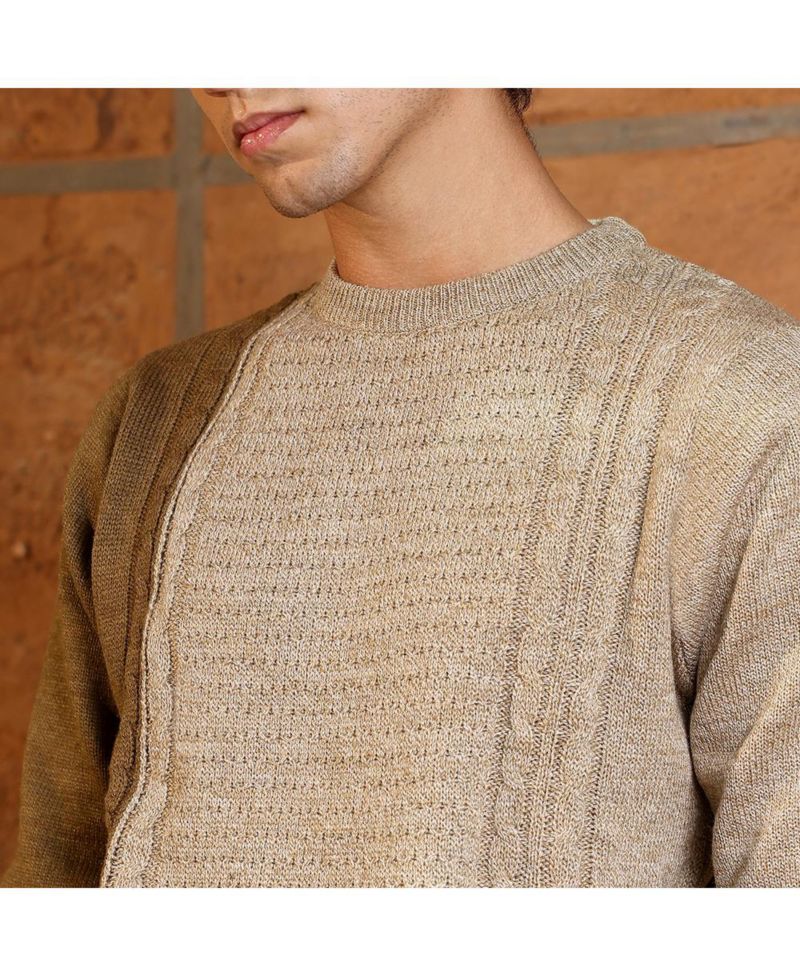 Men's Sand Beige Textured-Jacquard Knit Pullover Sweater