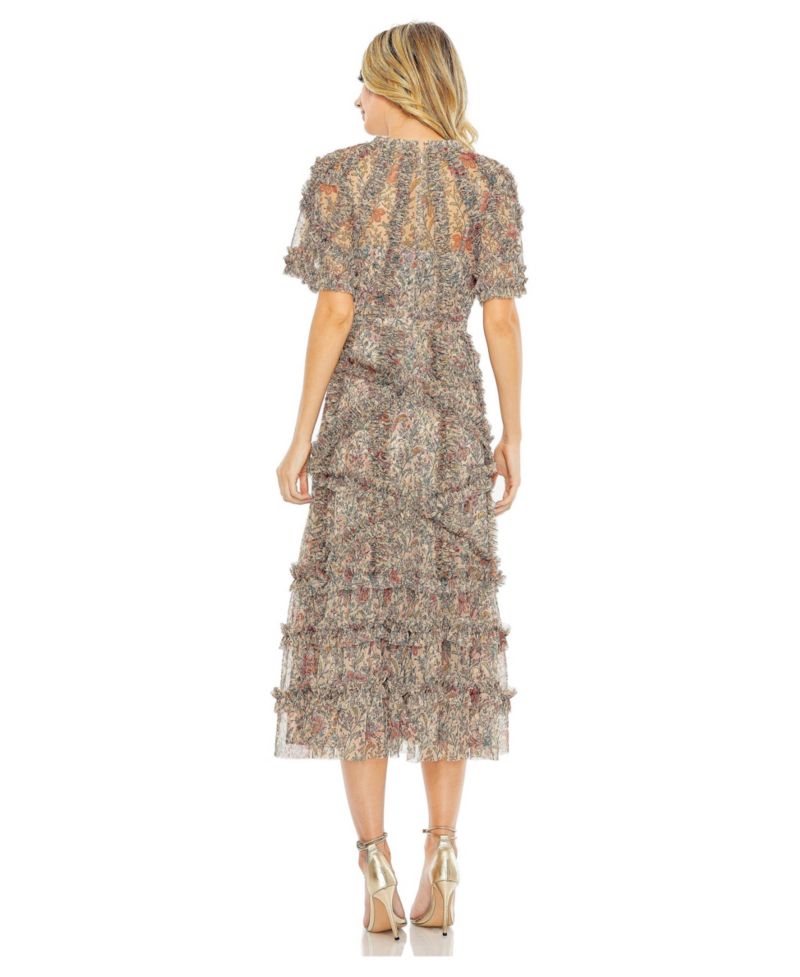 Women's Floral Flutter Sleeve Mesh Print Dress