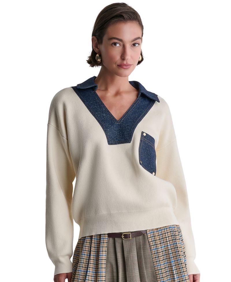 Women's Denim Trim Oversized Collared V-Neck Sweater